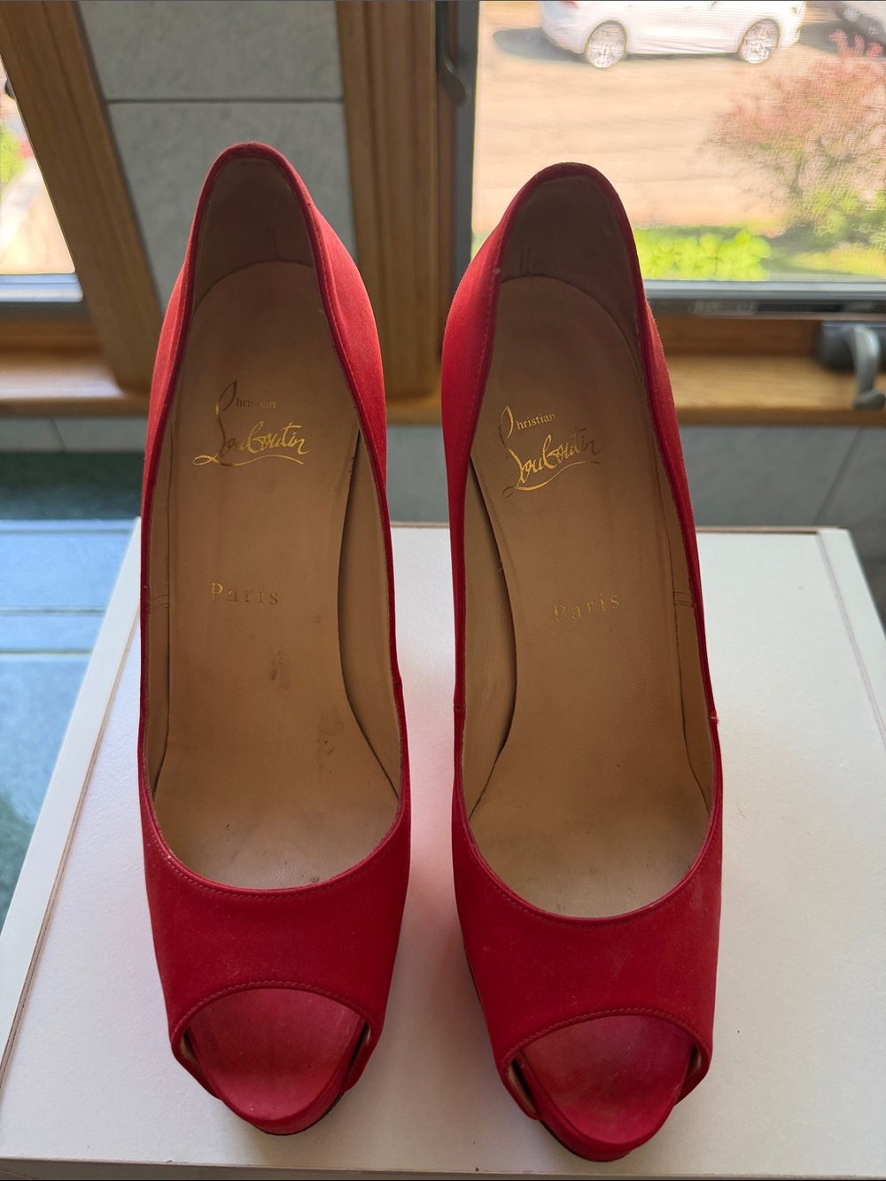 Christian Louboutin Red Suede Peep-Toe Pumps - Classic High Heel